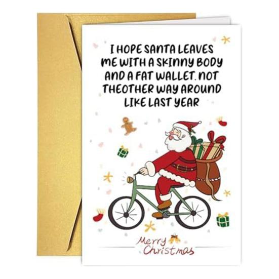 Vtipné vánoční přání pro něj, její humorný kreslený vzor, ​​vánoční skládací přání