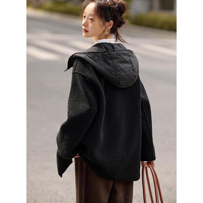 MOHANIMEI Korean Style Faux Lamb Wool Patchwork Hooded Jacket