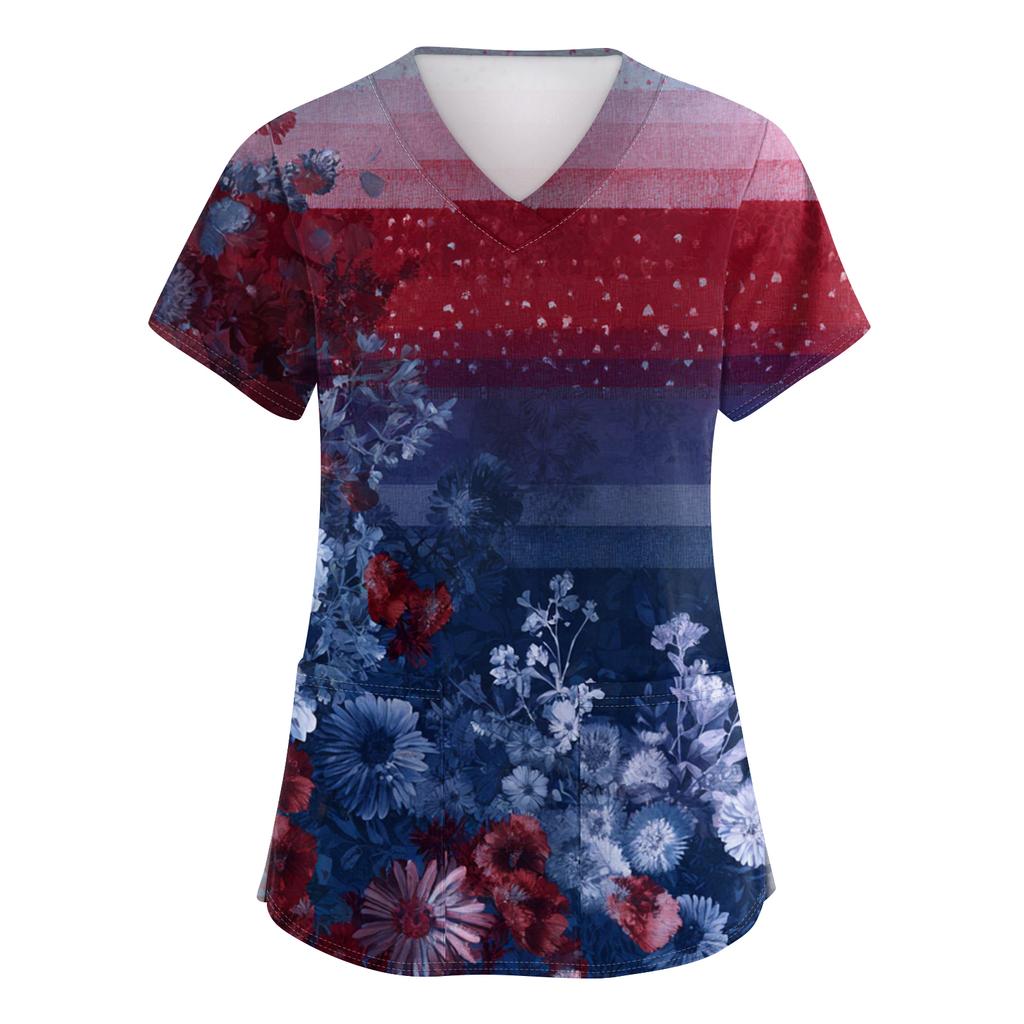 Women's Fashionable V-Neck Short-Sleeved Work Top With Pockets And Independence Day Print  Uniform