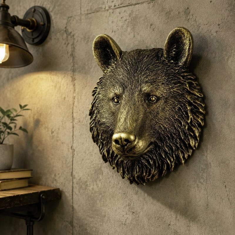 Entryway Wall Decors Bear Head Sculpture With Resin Construction, Antique Metallic Finish and Realistic Furs Texture for Indoor Accent Wall
