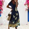Women Plus Size V Neck Short Sleeve Floral Butterfly Printed Black Straight Long Dress