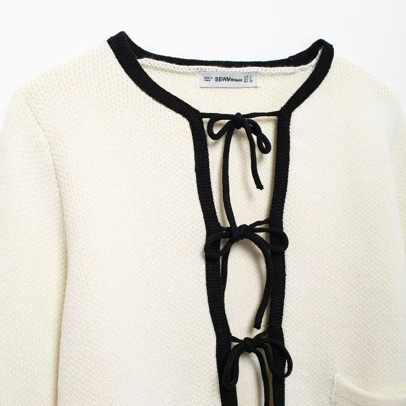 Moda Damska Z Kieszeniami Beżowy Sznurowany Sweter Dzianinowy Vintage Okrągły Dekolt Długi Rękaw Kobieta Szykowna Dama