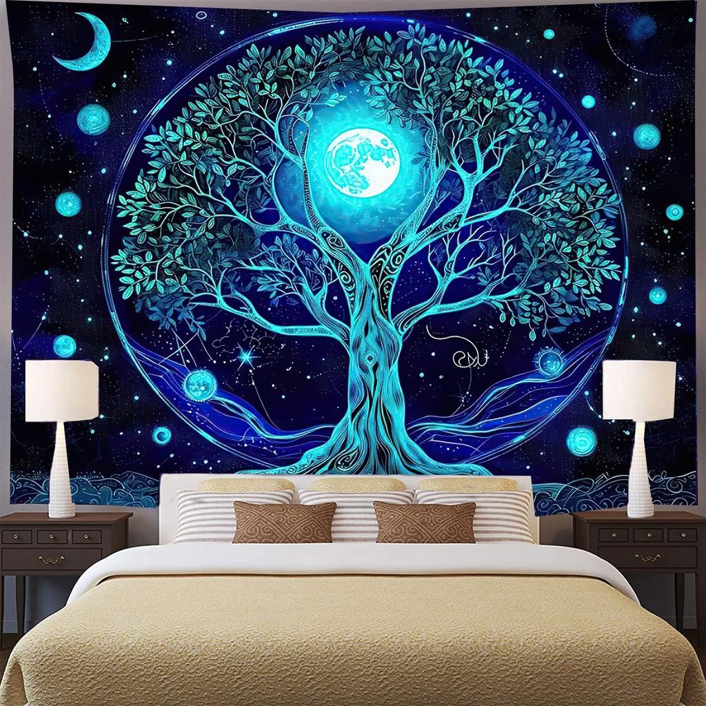 Moon Night Forest Wall TapestryEnchanted Wonderland Glow the Dark Trees Mountain River Nature Landscape Room Decor Tapestries