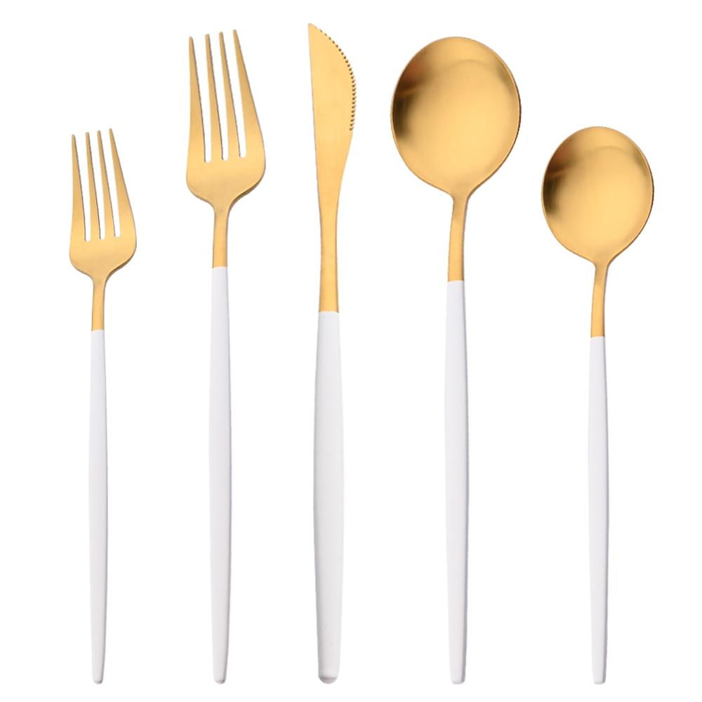 5Pcs/Set Pink Gold Tableware Stainless Steel Matte Dinnerware Cutlery Set Flatware Knife Dessert Fork Spoon Kitchen Accessories For Home