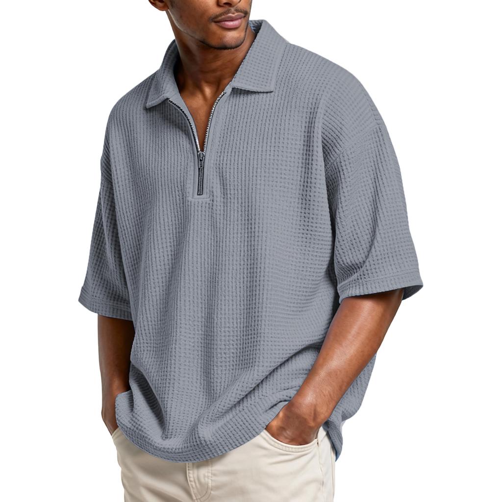 Herren Basic Reißverschluss Stehkragen Kurzarmhemd
