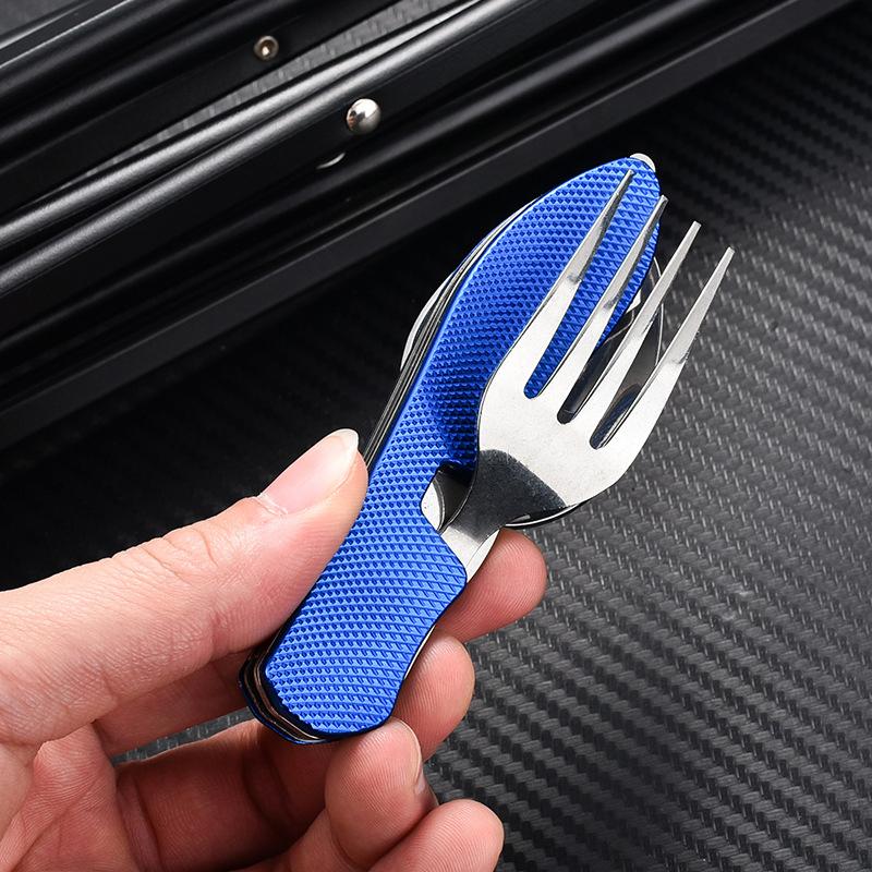 4 In 1 Tableware Foldable Stainless Steel Fork Spoon Knife Bottle Opener Portable Picnic Camping Hiking Travelling Dinnerware
