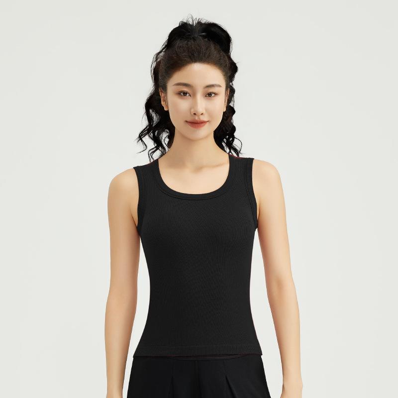 

2024 Женский бесшовный топ для йоги без рукавов с бюстгальтером с мягкой подкладкой и стильной спинкой Small/Medium чёрный