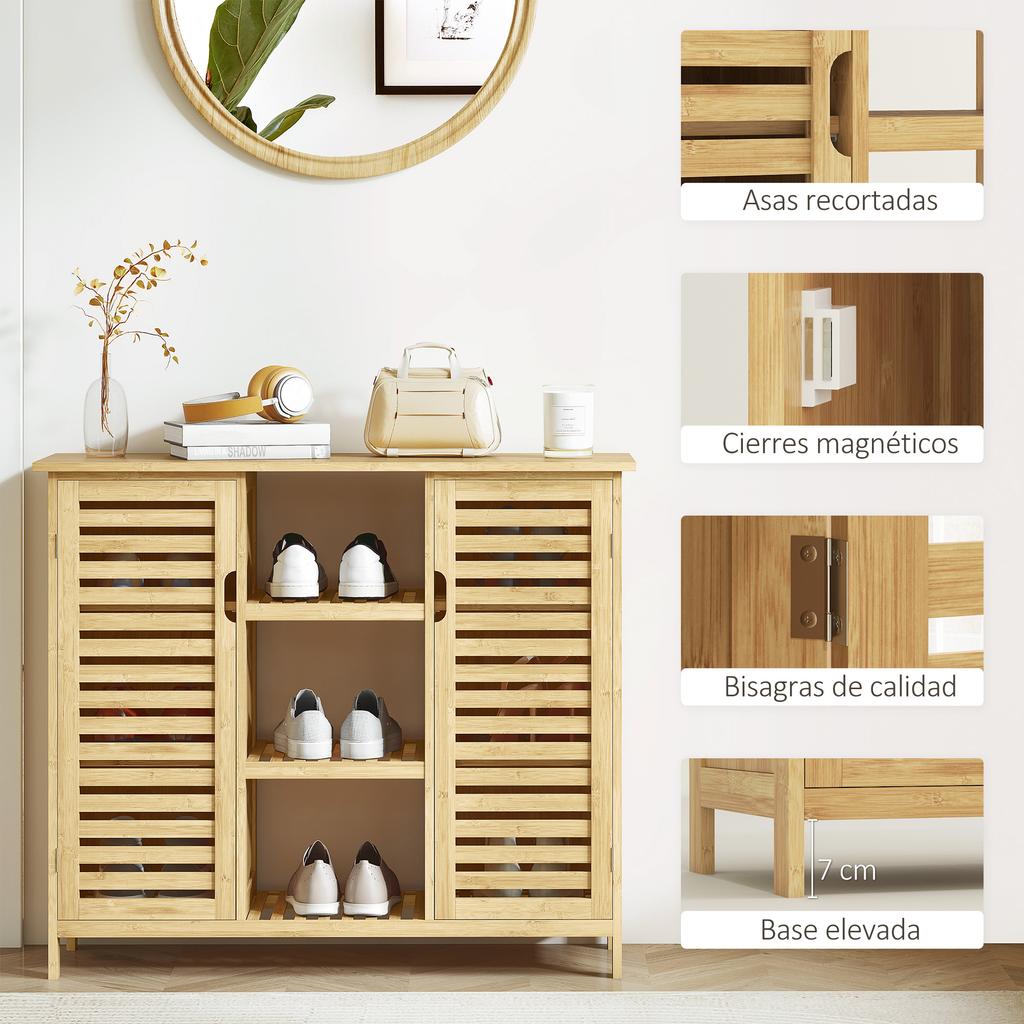 Bamboo Slatted Shoe Storage Cabinet, 2 Doors, Shelves, Open Compartments, 100x33x86cm, Natural