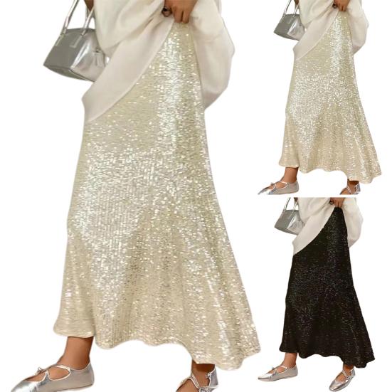 Women Maxi Skirt Elastic High Waist Long Skirt with Liner Shiny Sequins