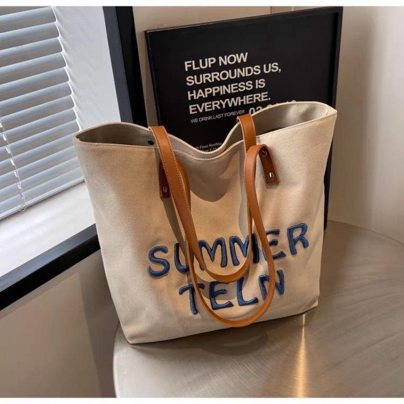 Women's Large Embroidered Canvas Tote Bag - Versatile Shoulder Bag for Commute or Class