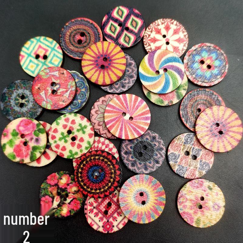 Retro Wooden Buttons for DIY & Toddler Crafts, Double Hole, 100 Pack, Colorful Print