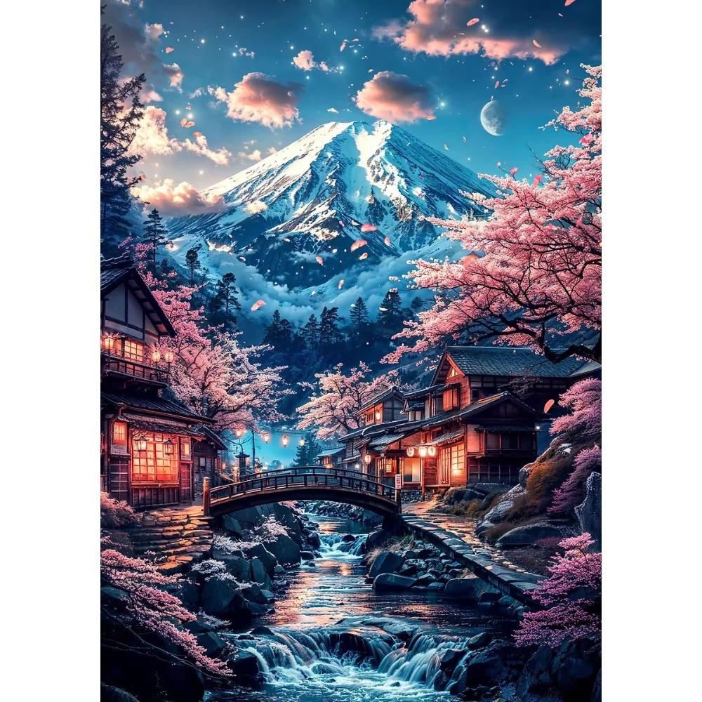 Japanische Kirschblüten am Fuji Poster Hellrosa Stadt Asiatische Reise Kunstdrucke Leinwandgemälde Wandbilder Heim Zimmer Dekor