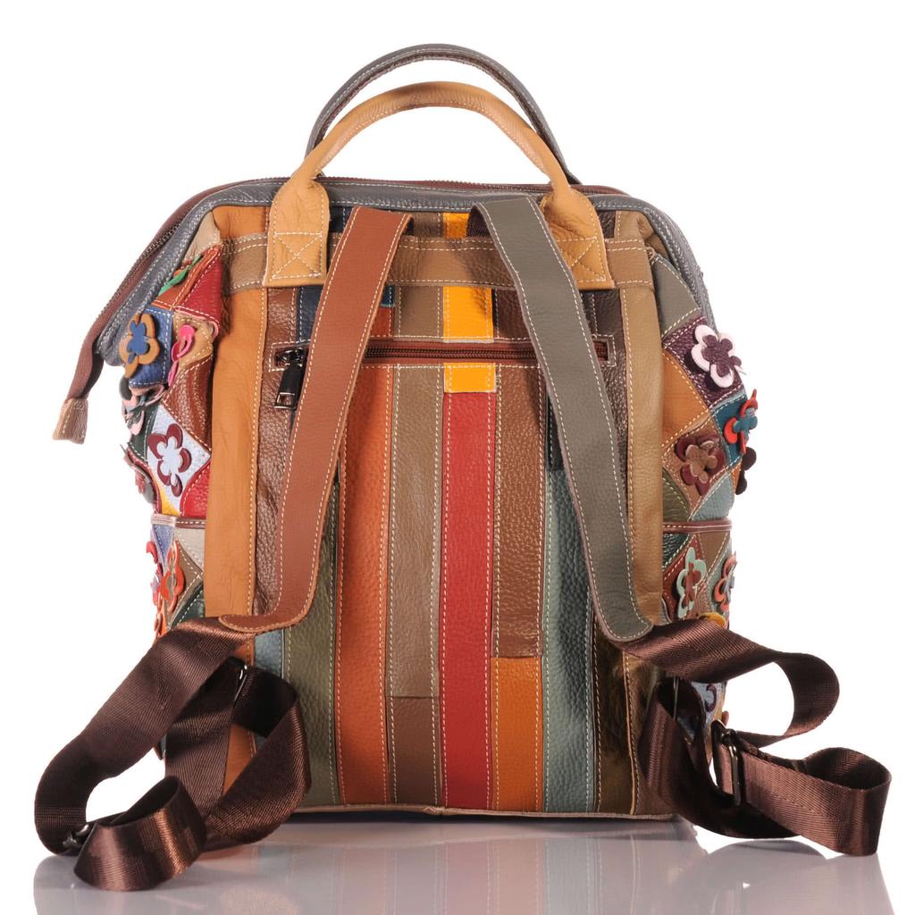Damen Patchwork Leder Rucksack groß – Blumen Unikat
