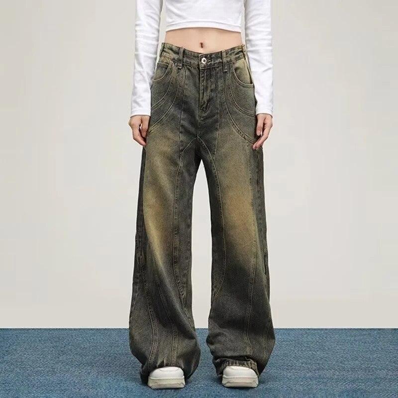 Jeans vintage a vita alta color fango giallo da donna, pantaloni in denim larghi dritti retrò anni '90, pantaloni larghi casual da strada Y2k