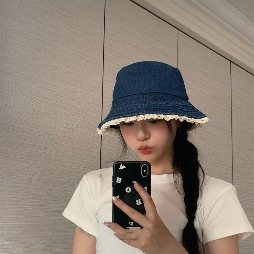Y2K Lace Fisherman Hat Sunscreen Panama Hat Retro Denim Bucket Hat  Climbing