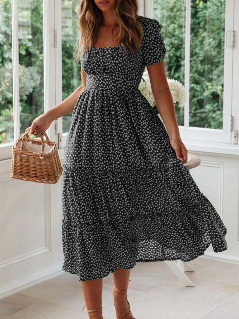 New Wish Floral Bubble Sleeve Ruched Dress Long Dress