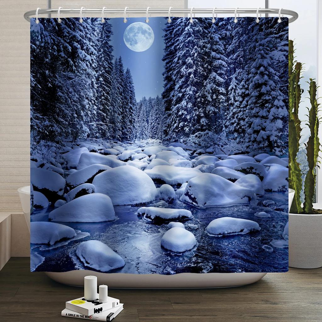 Christmas Shower Curtain Xmas Tree Winter Forest Snow Cute Snowman Bathroom Shower Curtain Waterproof Bath Curtain With Hook