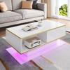 Modern LED Coffee Table with High Gloss, 100 cm Long, Gold Trim, 3 Drawers & USB LED Light Strip (Adapter/Power Bank Required)
