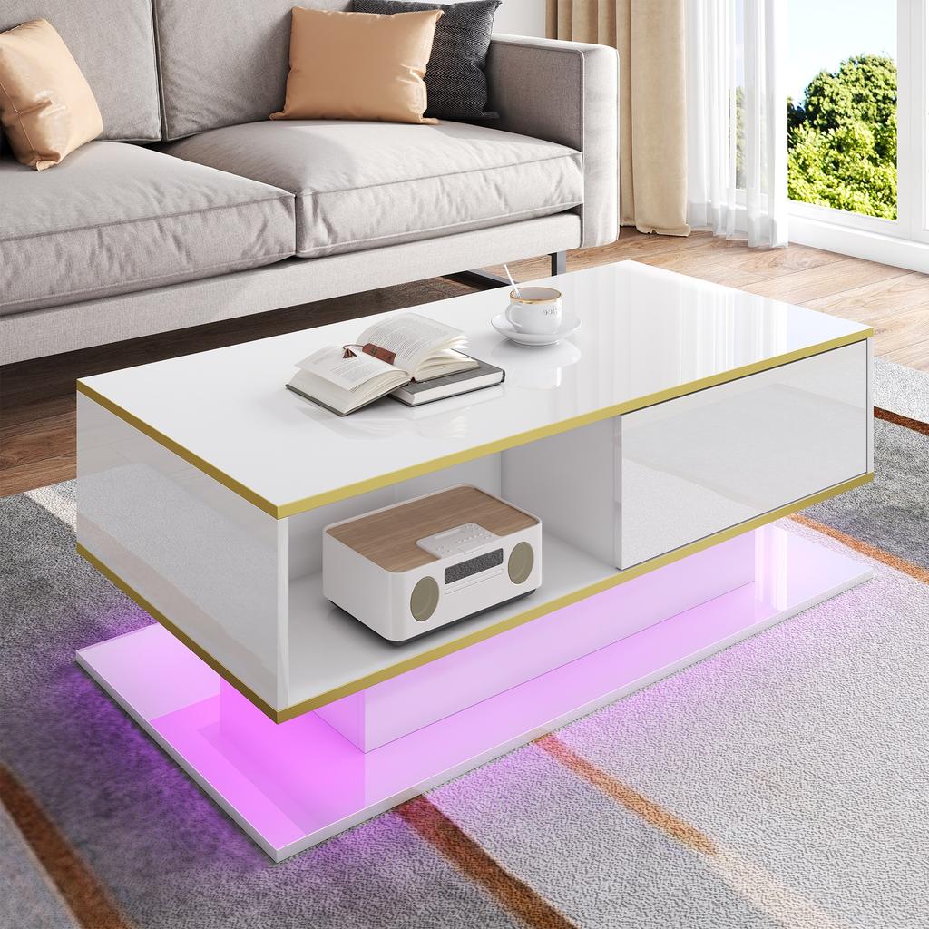 Modern LED Coffee Table with High Gloss, 100 cm Long, Gold Trim, 3 Drawers & USB LED Light Strip (Adapter/Power Bank Required)