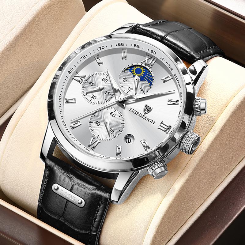 

Casual Men Watch Luxury Leather Waterproof Sport Quartz Wristwatch Chronograph Military Watch for Men Relogio Masculino срібні білого кольору