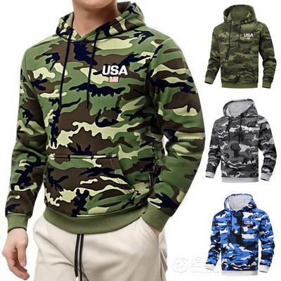 Heren Camouflage Bedrukte Letter Geborduurde Hoodie met Hoog Gewicht, Heren Trendy Sportieve Casual Hoodie