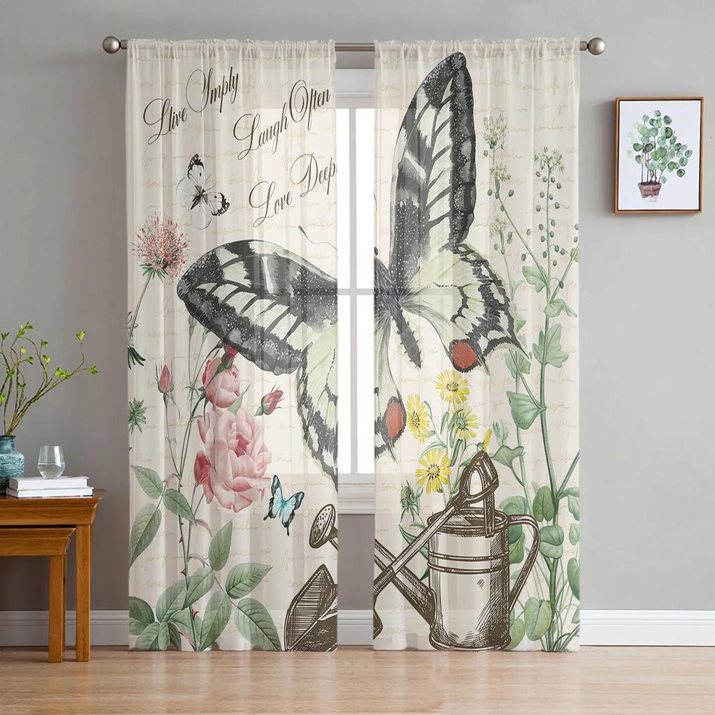 Wood Grain Retro Colorful Butterfly Chiffon Curtains Living Room Bedroom Home Decoration Window Voiles Tulle Curtain Light Filtering Polyester