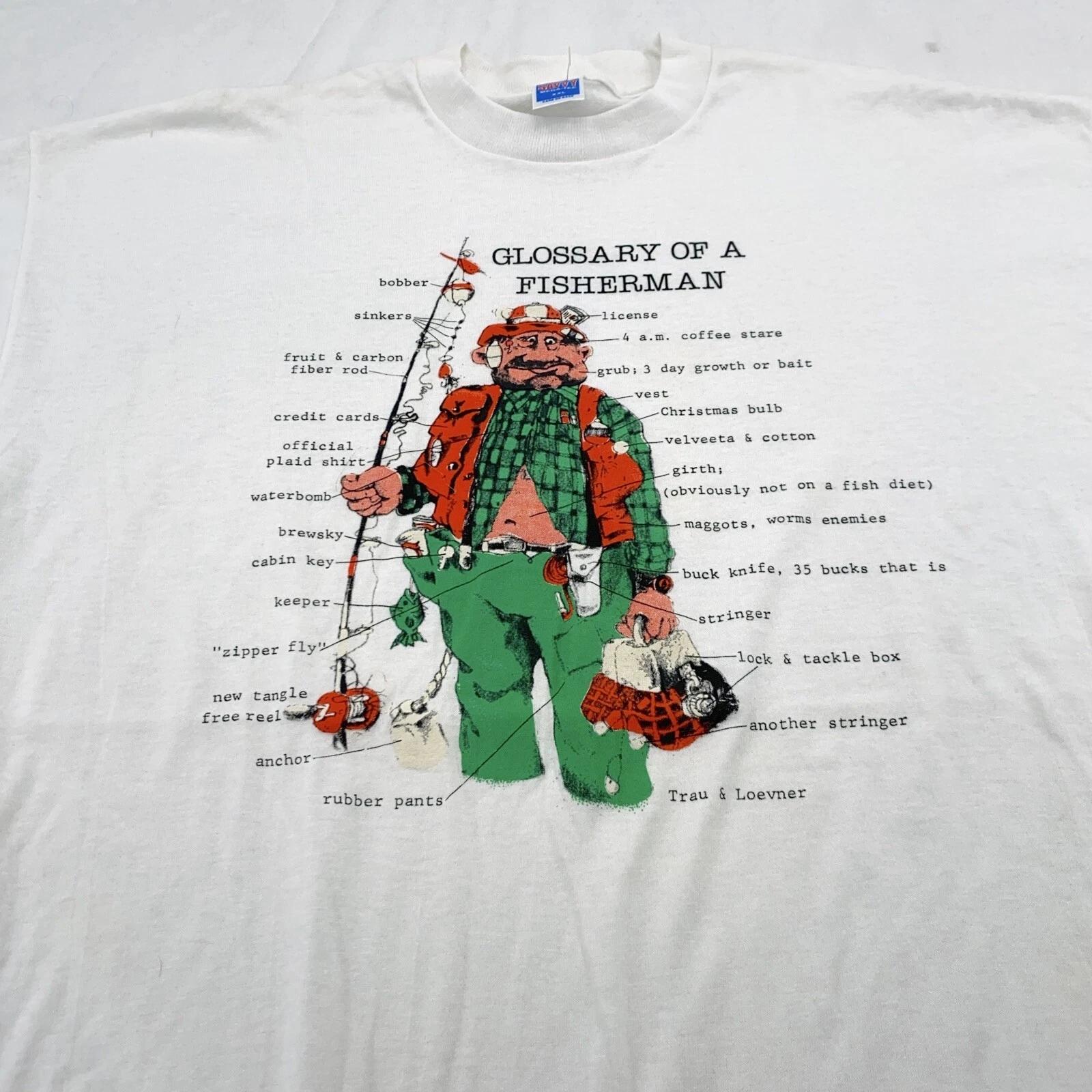 

vintage 90s GLOSSARY OF A FISHERMAN T-Shirt XL fishing cartoon joke funny 2XL