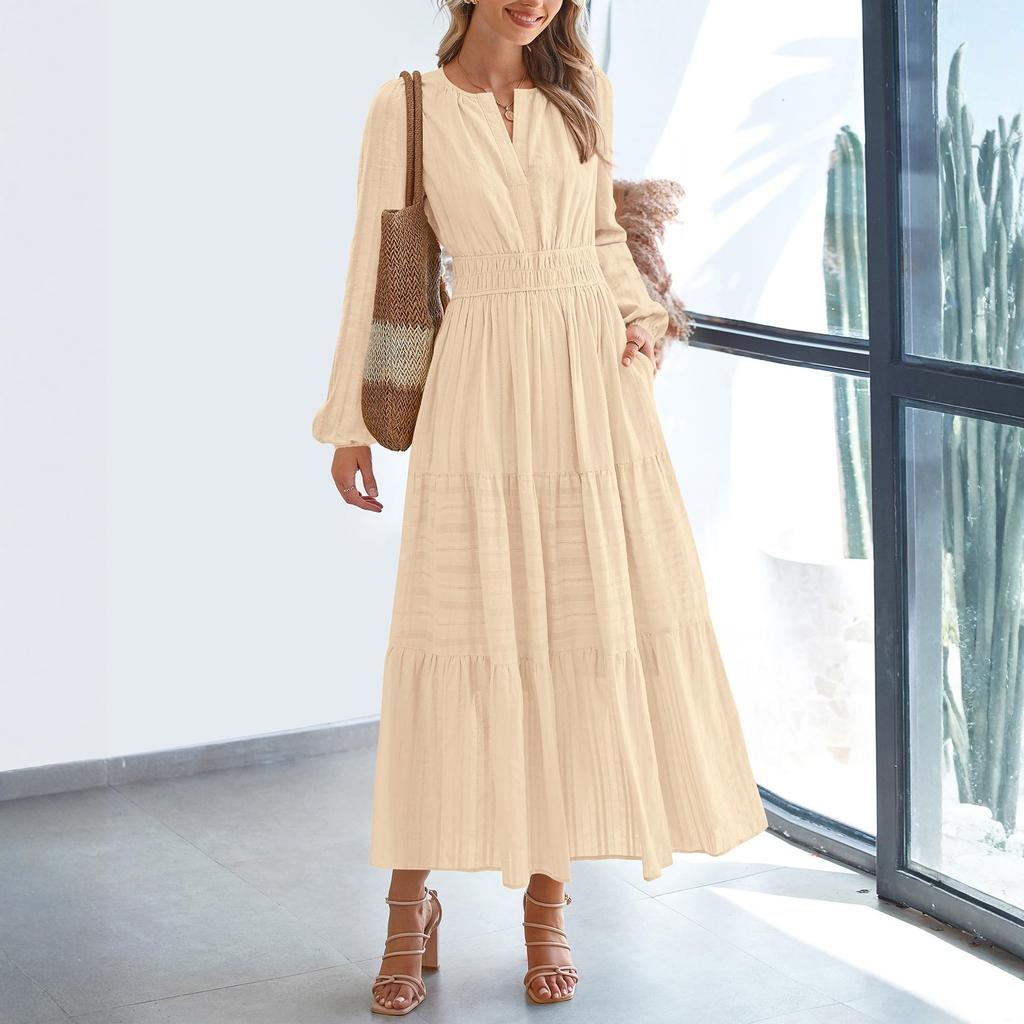 Women's Fashion V-neck Pleated, Waist-cinching, Wide-swing Long-sleeved Dress