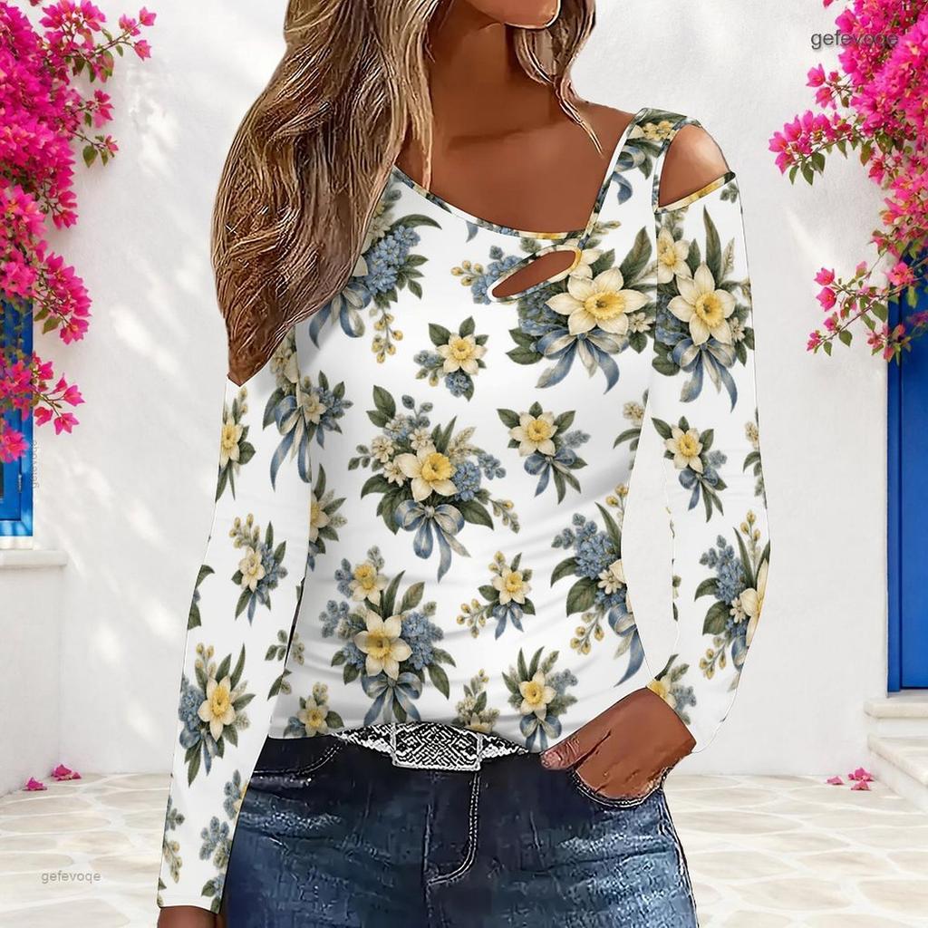 Women Plus Size White Floral Printed Asymmetric Cutout Cold Shoulder Long Sleeve Fitted Blouse