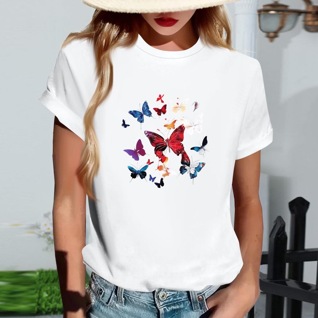 Women's Fashionable Round Neck Casual Retro Print Short Sleeved T-shirt Top