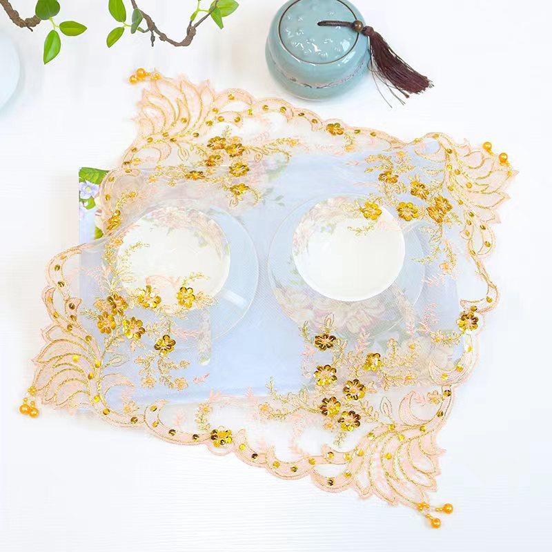 

Модные золотые бусины цветы вышитые скатерть чехол свадебная скатерть кухня рождественский стол украшения и аксессуары square 38cm