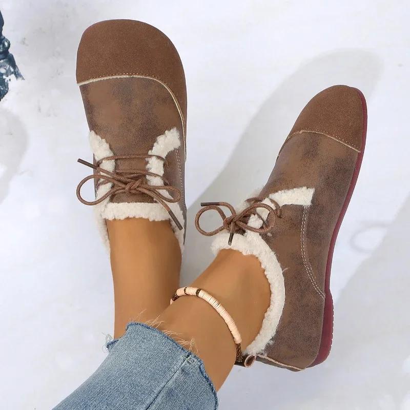 Fashion Winter Lace Up Women's Flats 2025 Casual Warm Moccasin Shoes Women Cow Suede Patchwork Round Toe Short Plush Ladies Flat Shoes