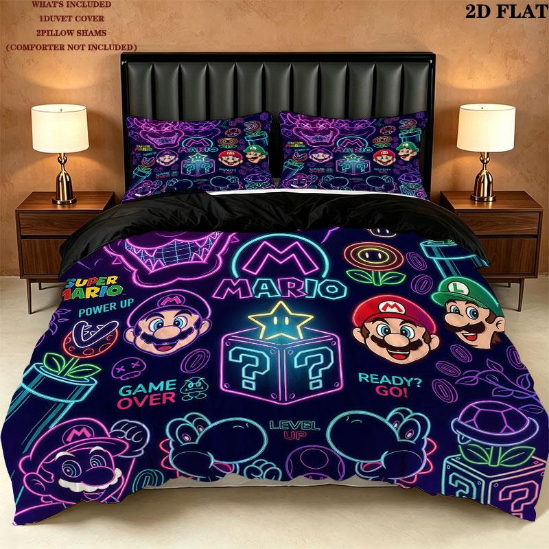 Super Mario Pattern Bedding Quilt Set Quilt Cover Pillowcase Home Birthday Gift(1 * duvet cover + 2 * pillowcase, without core)