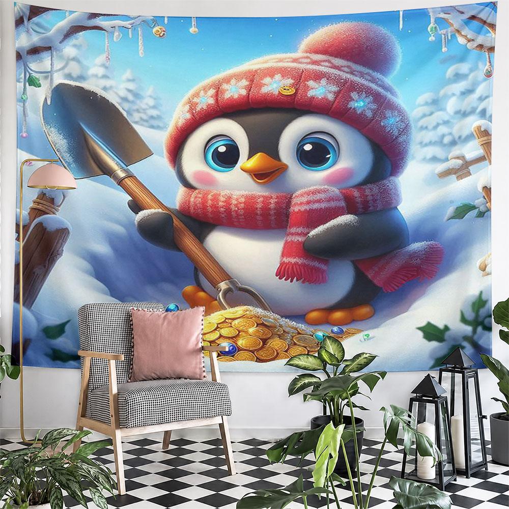 Winter Penguin with Treasure Trove Pattern Wall Hanging Tapestry Decorative Tapestry Home Decor for Bedroom and Living Room