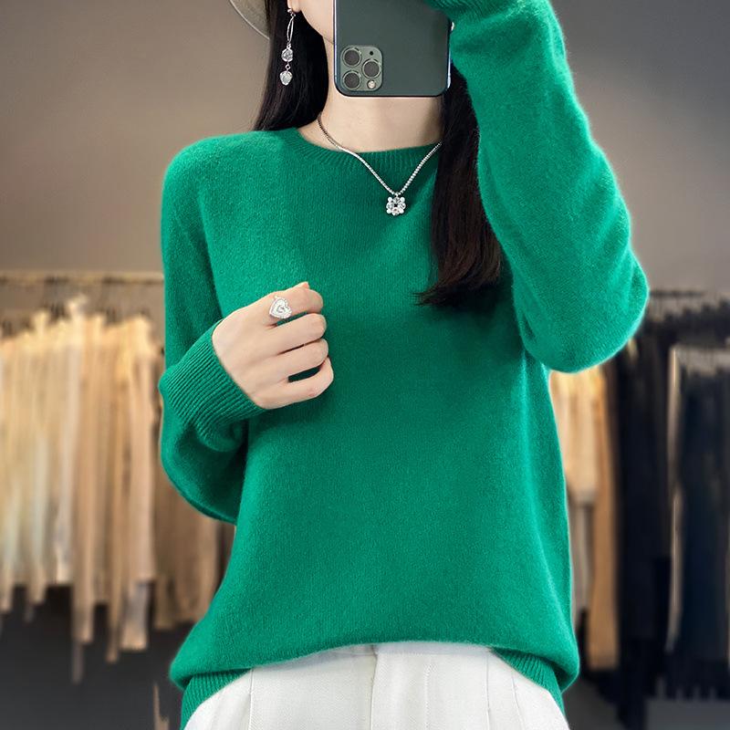 Women's 100% Wool Round Neck Sweater – Casual, Loose Knitwear, Minimalist Base Layer