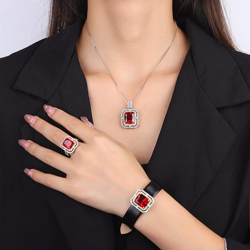 Jewelry Copper Bottom Gold-Plated Simulation Red Corundum Square Wrist Women'S Set 12 * 16-12 * 14
