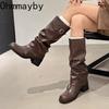 Winter Vintage Pleated Woman Knight Boots Fashion Belt Buckle Thick Heel Shoes Ladies Slip On Modern Mid Calf Botas