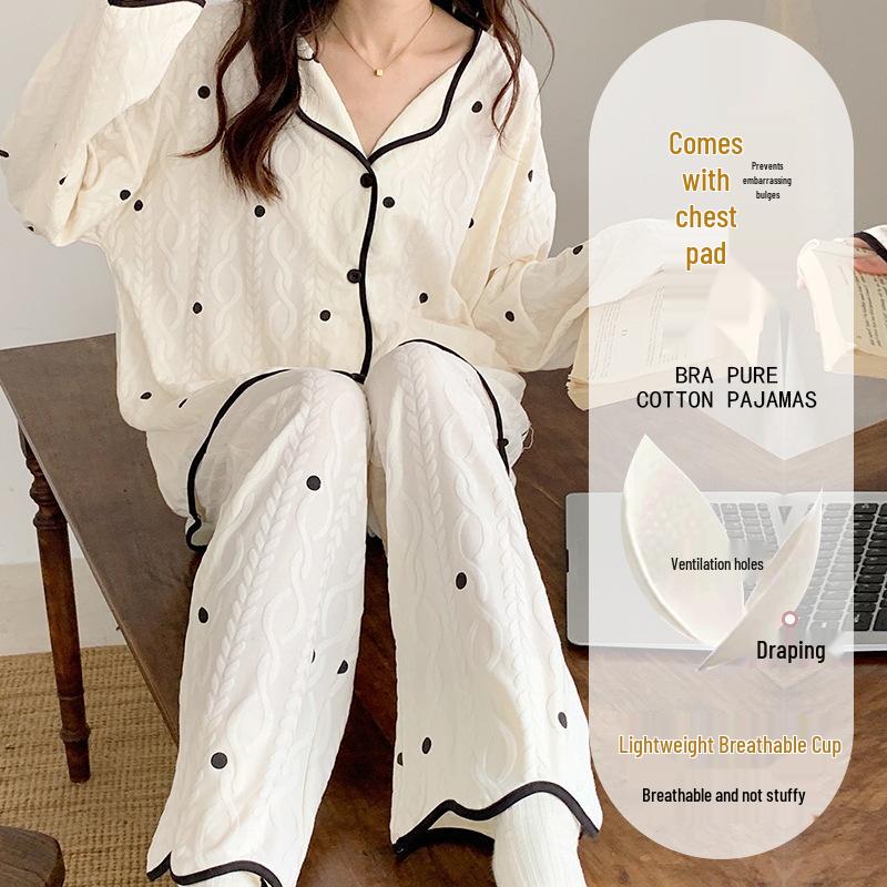 

Женский пижамный комплект с длинными рукавами и нагрудными вкладышами - Сладкая весенне-осенняя студенческая домашняя одежда M (70-95 Jin)