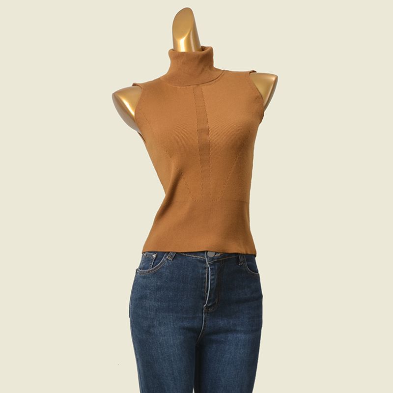 Fashion Style Turtleneck Minimalist Casual Inner Sweater Foreign Trade Original Order High Elastic Silm Sleeveless Vest