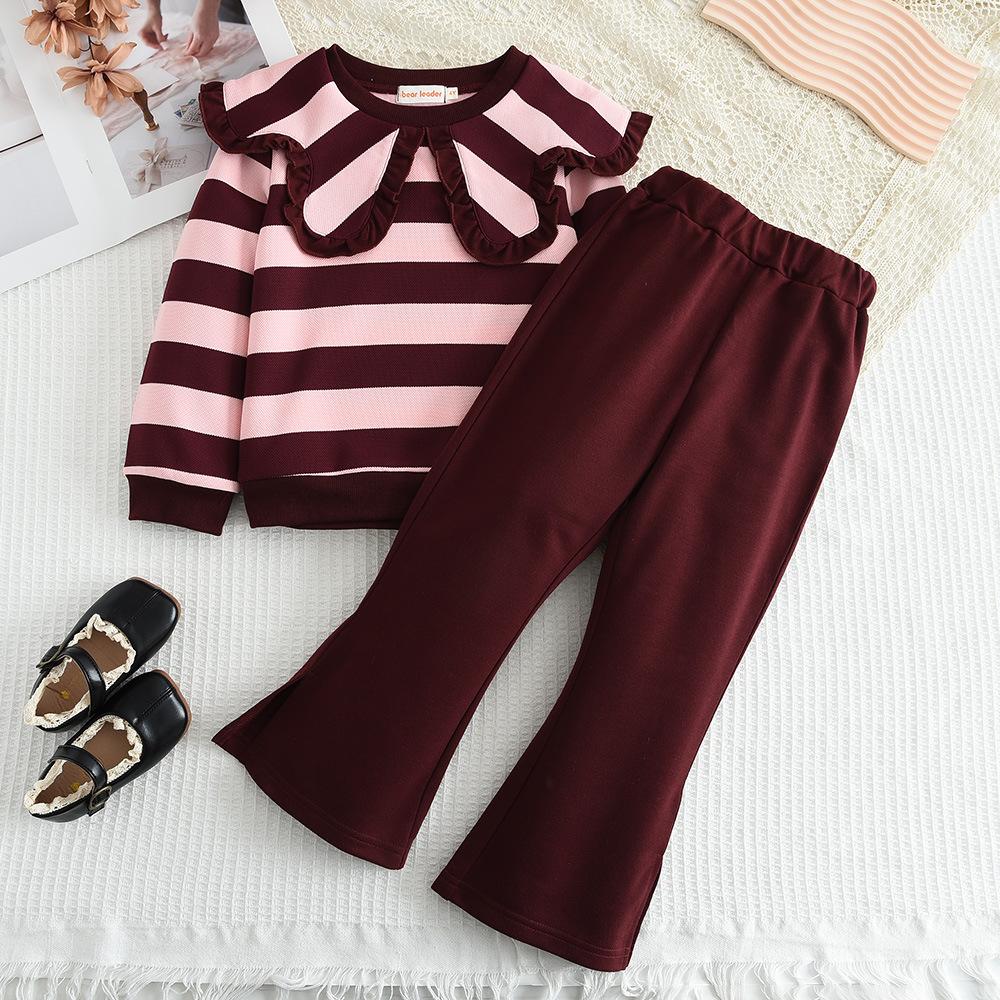 Girls' Autumn Outfit with Turn-down Collar Top Set New Trendy Children's Striped Sweatshirt Flared Pants Baby Two-piece Set