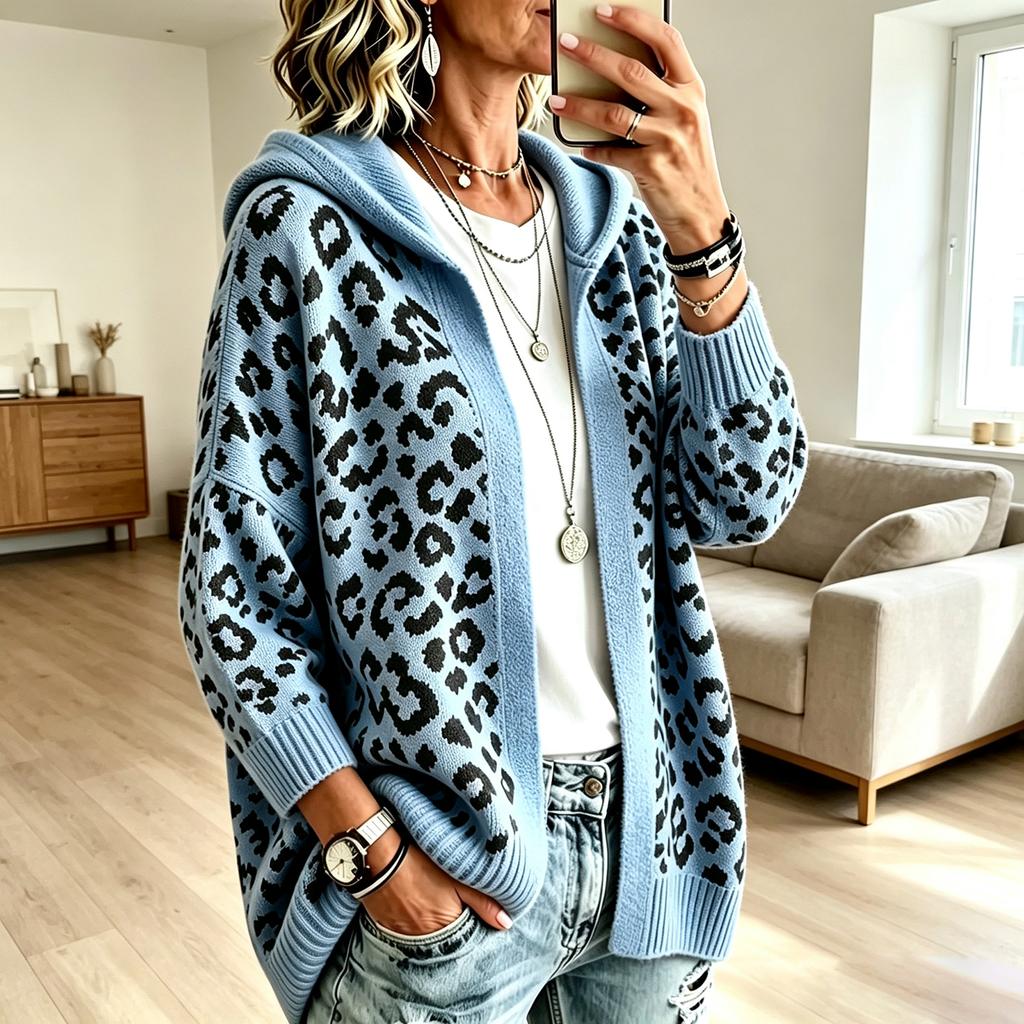 Damen Vintage Kapuzenstrickjacke mit Leopardenmuster, Lockere Passform, Überschnittene Schultern, Lässige Oberbekleidung