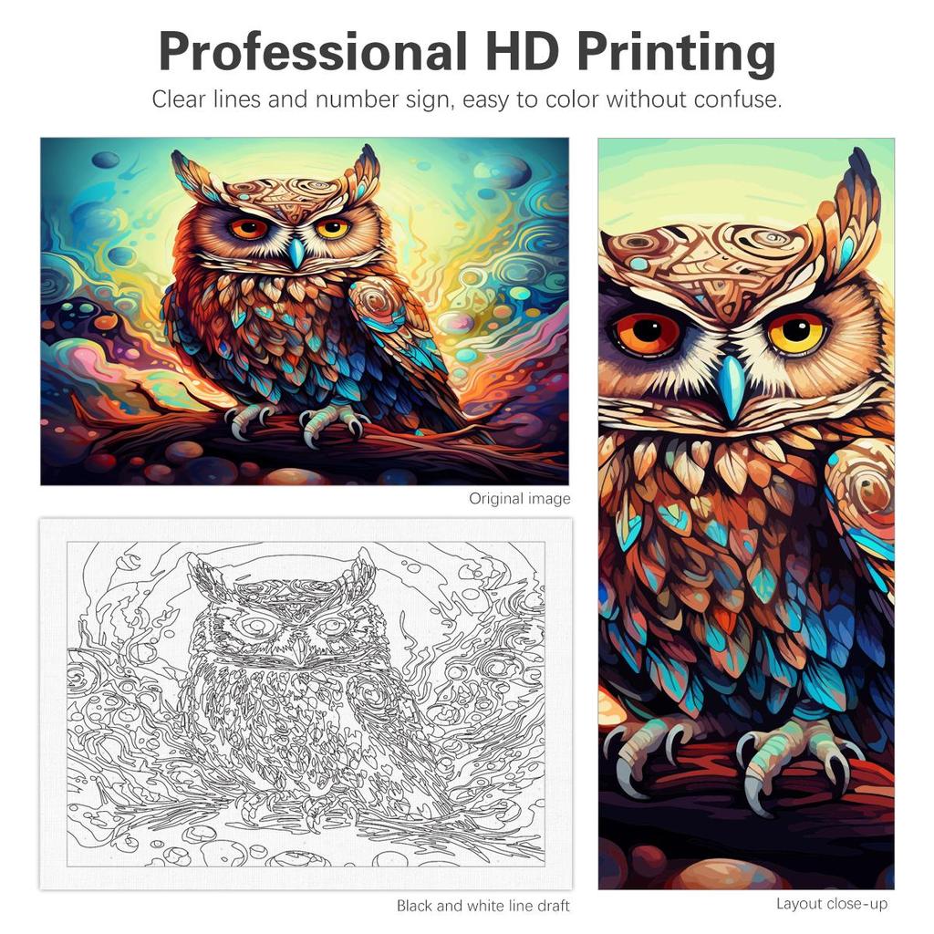 RUOPOTY Acrylmalerei nach Zahlen für Erwachsene Eule Zeichnung auf Zahlen Wand Kunst Malset Geschenk handgemalte Leinwand Malerei Anim
