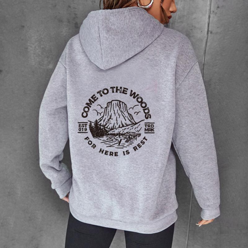Autumn/Winter Mountain Letter Print Velvet Hoodie with Wrap Collar