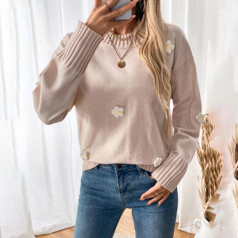 2025 Autumn European & American Casual Sweet Style Floral Knit Pink Round Neck Women's Pullover Sweater