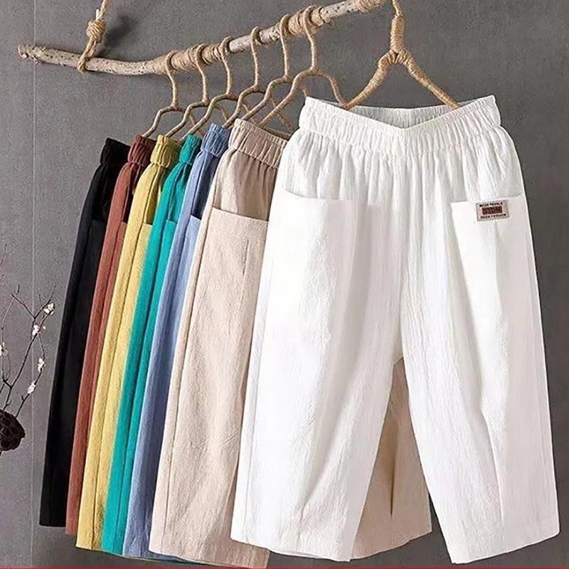 Dámské volné capri harémové kalhoty plus size - Bavlna len, prodyšné, elastický pas, ležérní letní oblečení