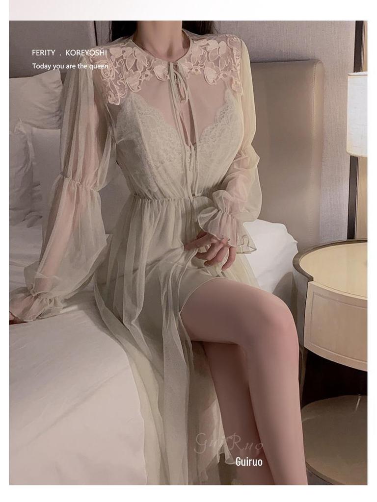 Elegant Lace Backless Plus Size Nightgown with Push-Up Bra and Camisole Set