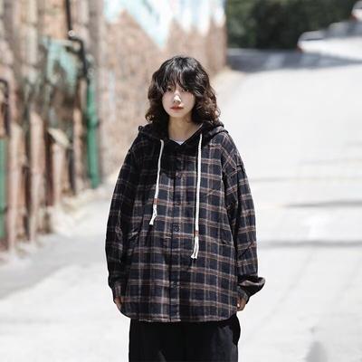 Spring and Autumn New Bsapa Japanese-Style Retro Hooded Plaid Shirt Men's Loose Trendy Couple Shirt Coat