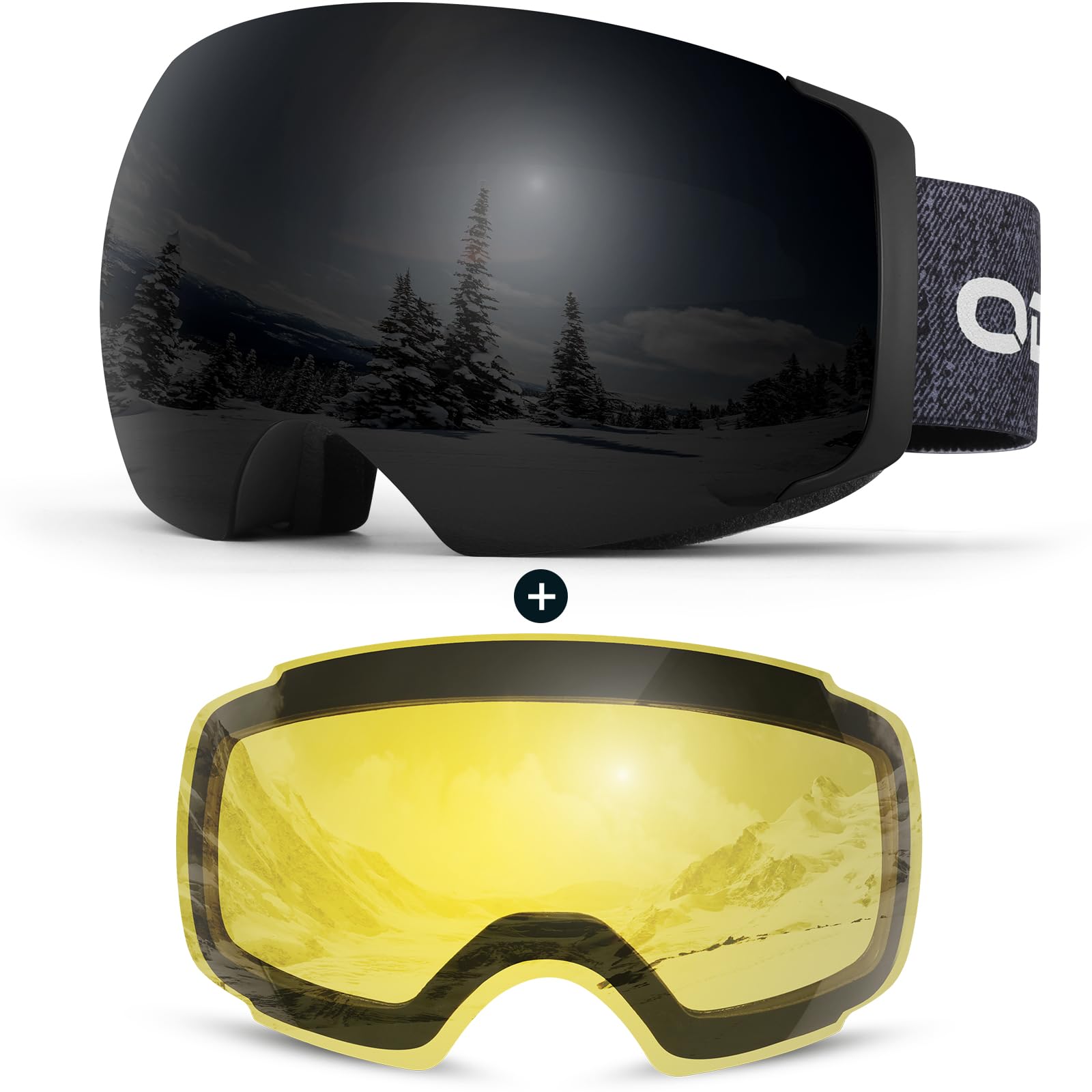 

Odoland Snow Goggles Night Magnetic Interchangeable Spherical OTG Glasses Field of UV400 Impact Unisex VLT + Goggles, Lenses, Dual-Layer Lenses,