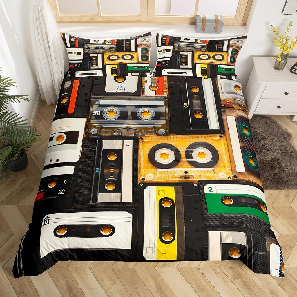 Cassette Tape Duvet Cover Twin Queen Vintage 80S 90S Memphis Comforter Cover Geometric Checkered Triangle Lightning Bedding Set