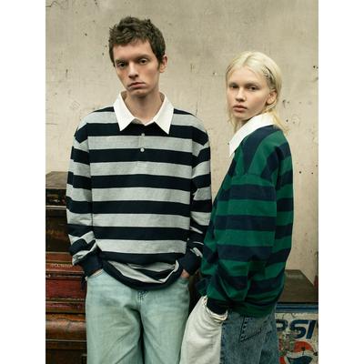 Saendeusaundeu Bold Stripe Long Sleeve Polo Tshirt Green